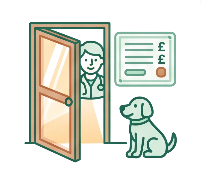 A vet crouching to greet a dog in an open practice doorway, beside an itemised price document